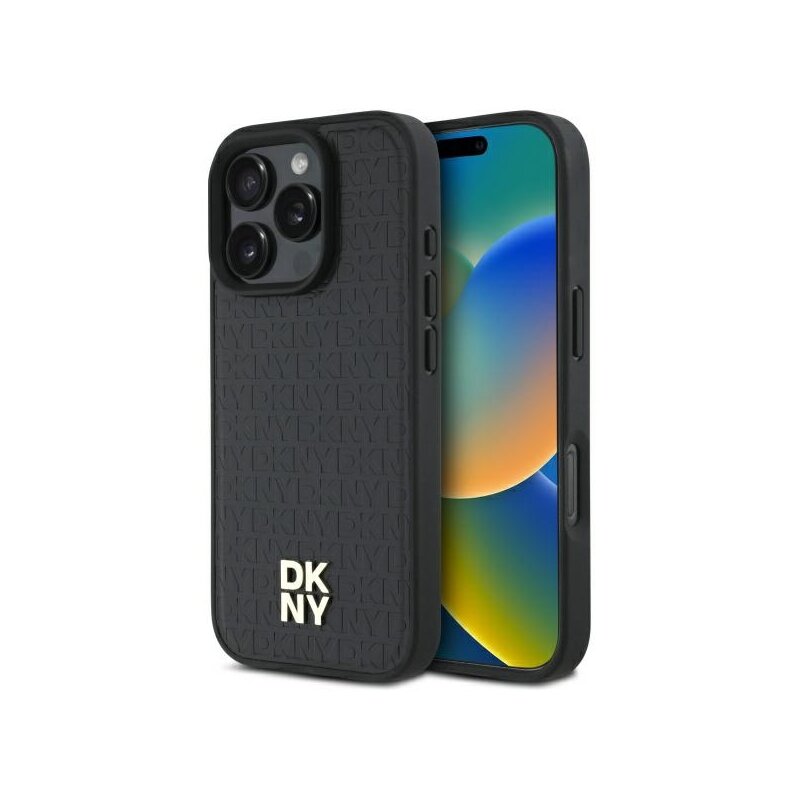 Husa piele iPhone 16 Pro Max DKNY Leather Hardcase Repeat Pattern Stack Logo MagSafe, negru, DKHMP16XPSHRPSK