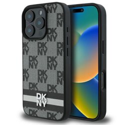 Husa piele iPhone 16 Pro DKNY Leather ardcase Checkered Pattern & Printed Stripes, negru, DKHCP16LPCPTSSK