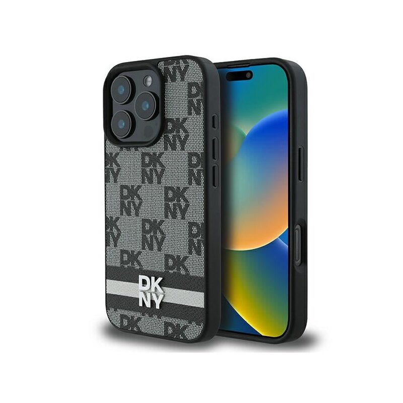 Husa piele iPhone 16 Pro DKNY Leather ardcase Checkered Pattern & Printed Stripes, negru, DKHCP16LPCPTSSK