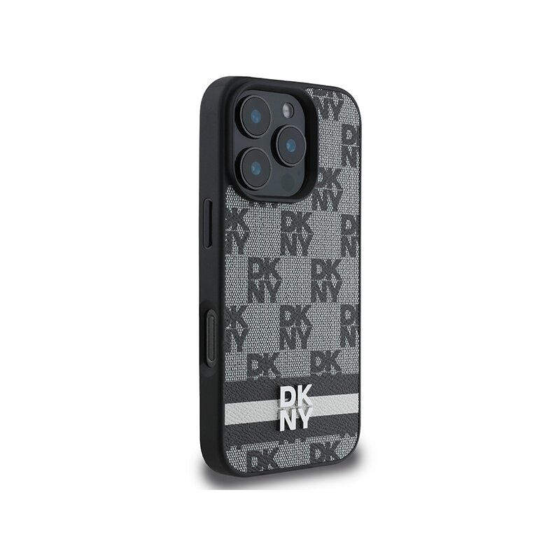 Husa piele iPhone 16 Pro DKNY Leather ardcase Checkered Pattern & Printed Stripes, negru, DKHCP16LPCPTSSK