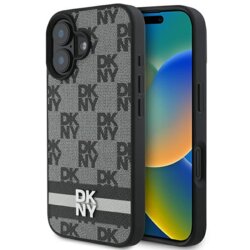 Husa piele iPhone 16 DKNY Leather Hardcase Checkered Pattern & Printed Stripes, negru, DKHCP16SPCPTSSK