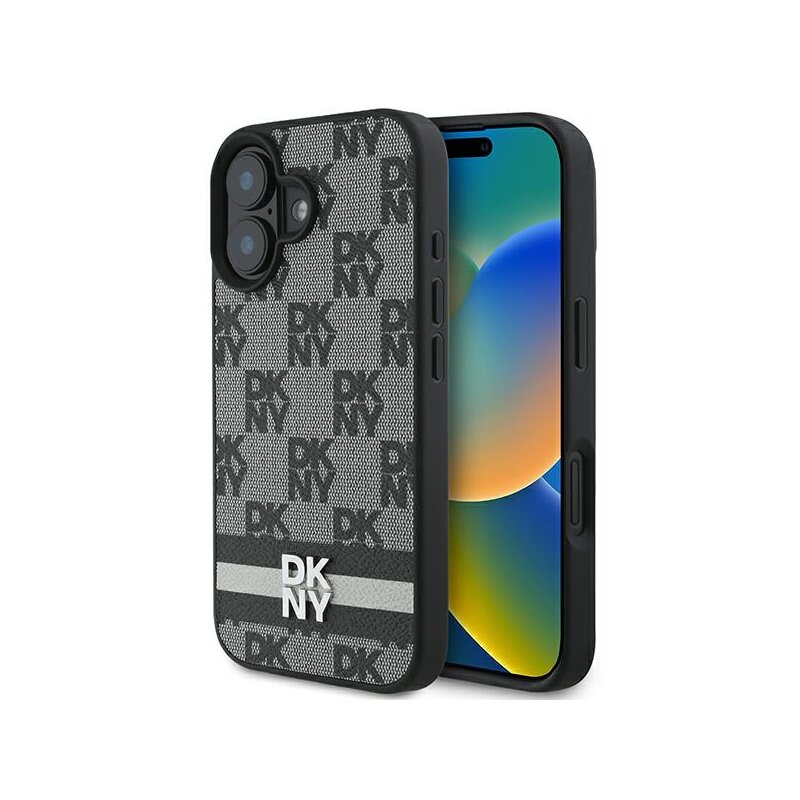 Husa piele iPhone 16 DKNY Leather Hardcase Checkered Pattern & Printed Stripes, negru, DKHCP16SPCPTSSK