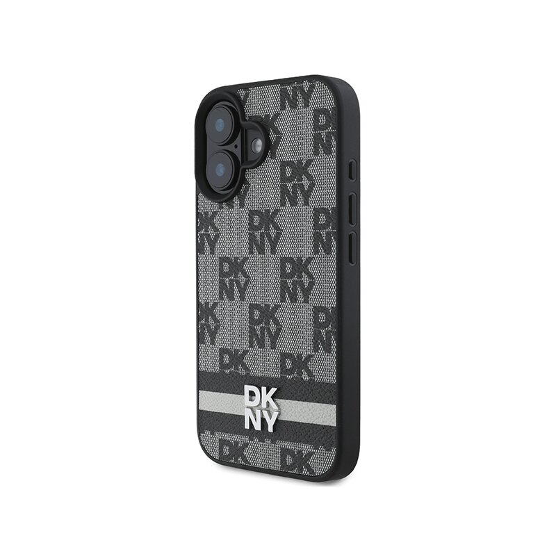 Husa piele iPhone 16 DKNY Leather Hardcase Checkered Pattern & Printed Stripes, negru, DKHCP16SPCPTSSK