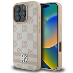 Husa piele iPhone 16 Pro DKNY Leather Hardcase Checkered Pattern & Printed Stripes, roz, DKHCP16LPCPTSSP