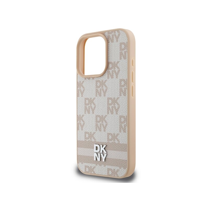 Husa piele iPhone 16 Pro DKNY Leather Hardcase Checkered Pattern & Printed Stripes, roz, DKHCP16LPCPTSSP