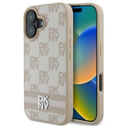 Husa piele iPhone 16 DKNY Leather Hardcase Checkered Pattern & Printed Stripes, roz, DKHCP16SPCPTSSP