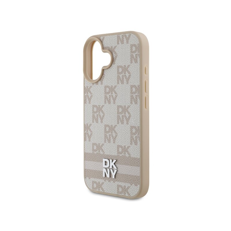 Husa piele iPhone 16 DKNY Leather Hardcase Checkered Pattern & Printed Stripes, roz, DKHCP16SPCPTSSP