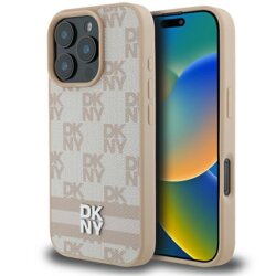 Husa piele iPhone 16 Pro Max DKNY Leather Hardcase Checkered Pattern & Printed Stripes, roz, DKHCP16XPCPTSSP