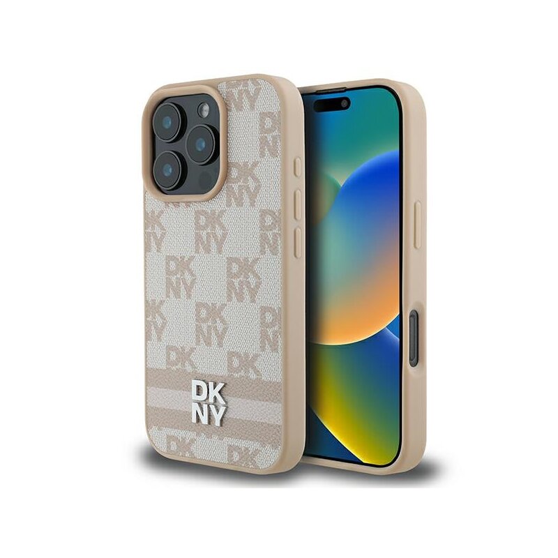Husa piele iPhone 16 Pro Max DKNY Leather Hardcase Checkered Pattern & Printed Stripes, roz, DKHCP16XPCPTSSP
