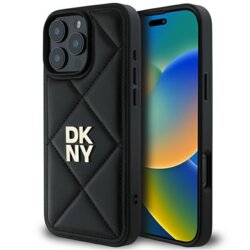 Husa piele iPhone 16 Pro DKNY Leather Quilted Stack Logo, negru, DKHCP16LPQDSLK