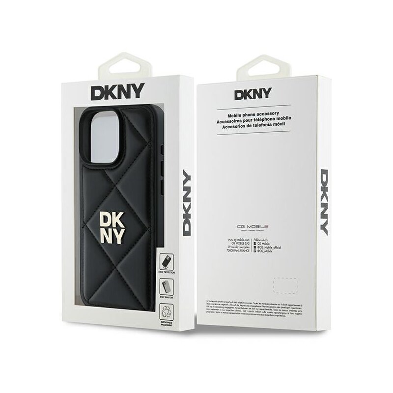 Husa piele iPhone 16 Pro DKNY Leather Quilted Stack Logo, negru, DKHCP16LPQDSLK