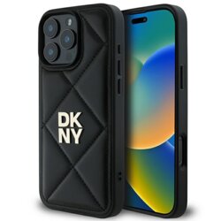 Husa piele iPhone 16 Pro Max DKNY Leather Quilted Stack Logo, negru, DKHCP16XPQDSLK