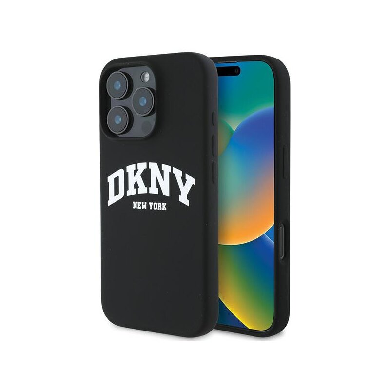 Husa iPhone 16 Pro DKNY Hardcase Liquid Silicone White Printed Logo MagSafe, negru, DKHMP16LSNYACH