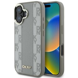 Husa piele iPhone 16 DKNY Leather Checkered Pattern Magsafe, bej, DKHMP16SPCPVSLE