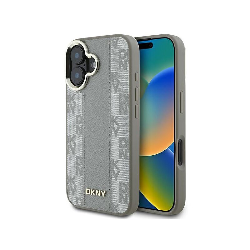 Husa piele iPhone 16 DKNY Leather Checkered Pattern Magsafe, bej, DKHMP16SPCPVSLE