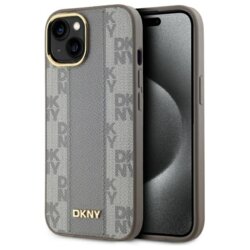 Husa piele iPhone 15 Plus DKNY Leather Checkered Mono Pattern MagSafe, bej, DKHMP15MPCPVSLE