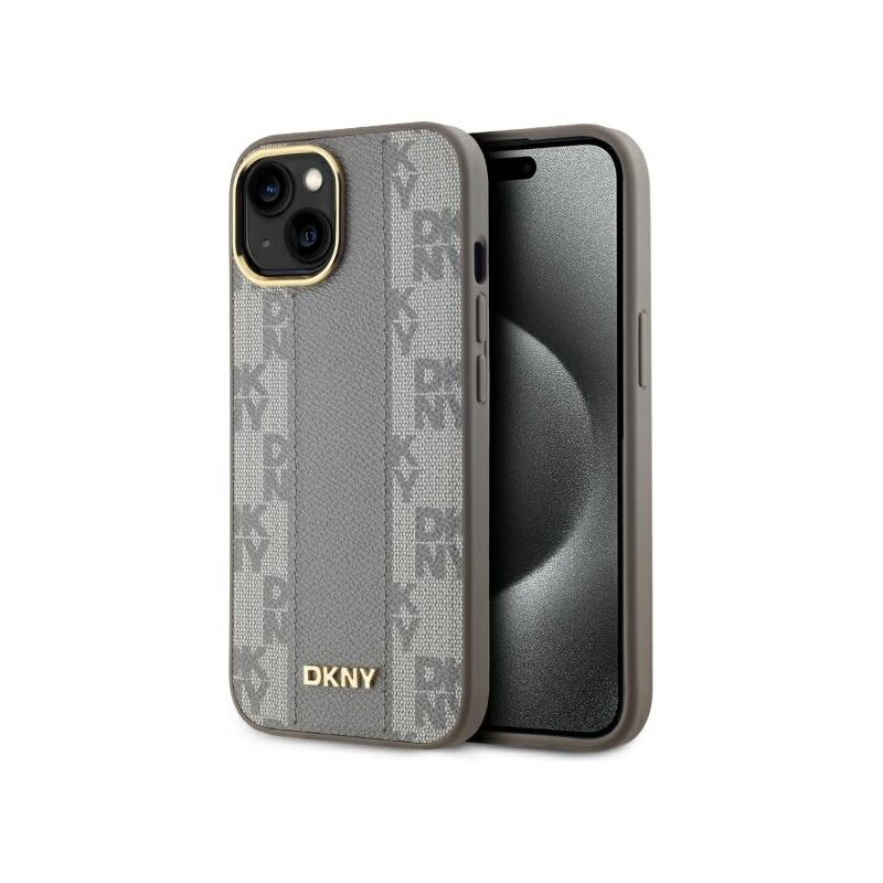 Husa piele iPhone 15 Plus DKNY Leather Checkered Mono Pattern MagSafe, bej, DKHMP15MPCPVSLE