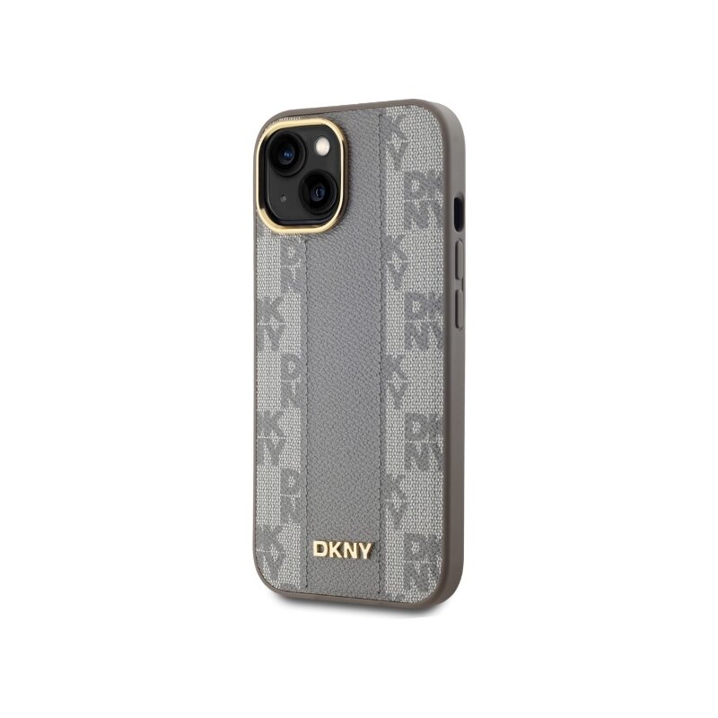 Husa piele iPhone 15 Plus DKNY Leather Checkered Mono Pattern MagSafe, bej, DKHMP15MPCPVSLE