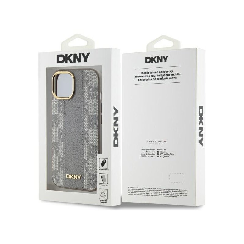 Husa piele iPhone 15 Plus DKNY Leather Checkered Mono Pattern MagSafe, bej, DKHMP15MPCPVSLE
