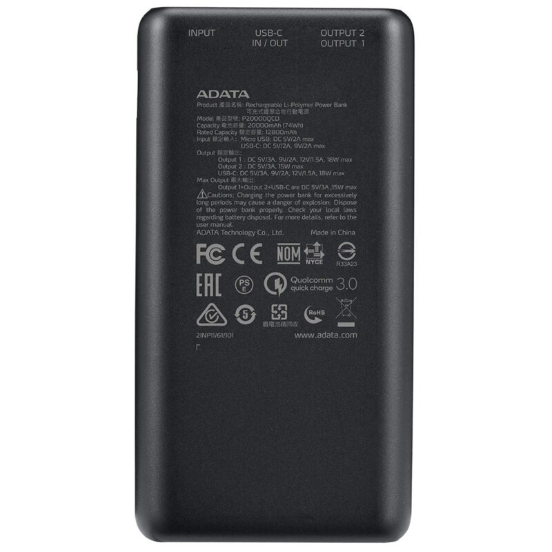 Power Bank Type-C, USB, 20000mAh Adata, AP20000QCD-DGT-CBK, negru