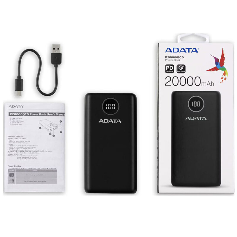 Power Bank Type-C, USB, 20000mAh Adata, AP20000QCD-DGT-CBK, negru