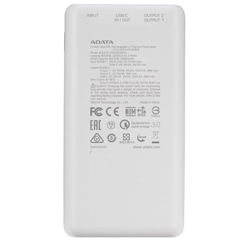 Power Bank Type-C, USB, 20000mAh Adata, AP20000QCD-DGT-CWH, alb