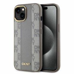 Husa piele iPhone 15 DKNY Leather Checkered Mono Pattern MagSafe, bej, DKHMP15SPCPVSLE
