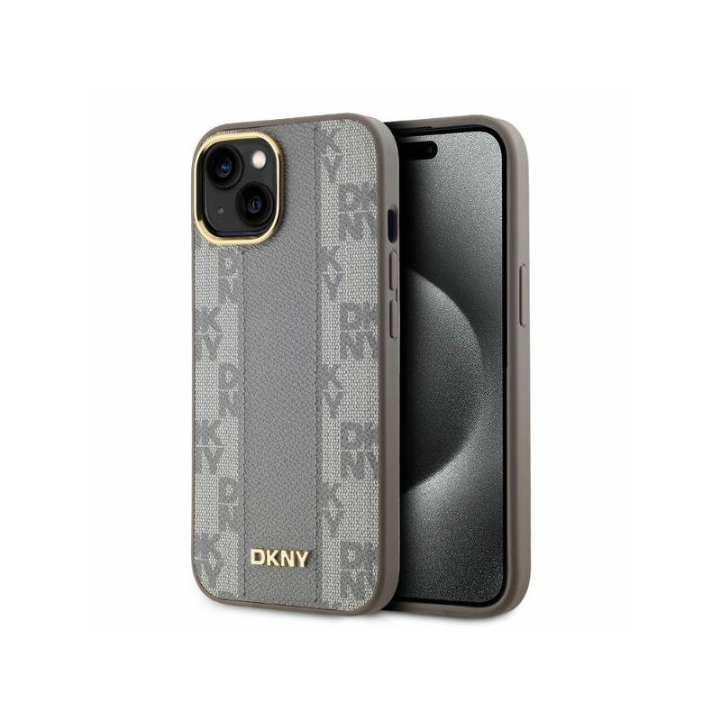 Husa piele iPhone 15 DKNY Leather Checkered Mono Pattern MagSafe, bej, DKHMP15SPCPVSLE