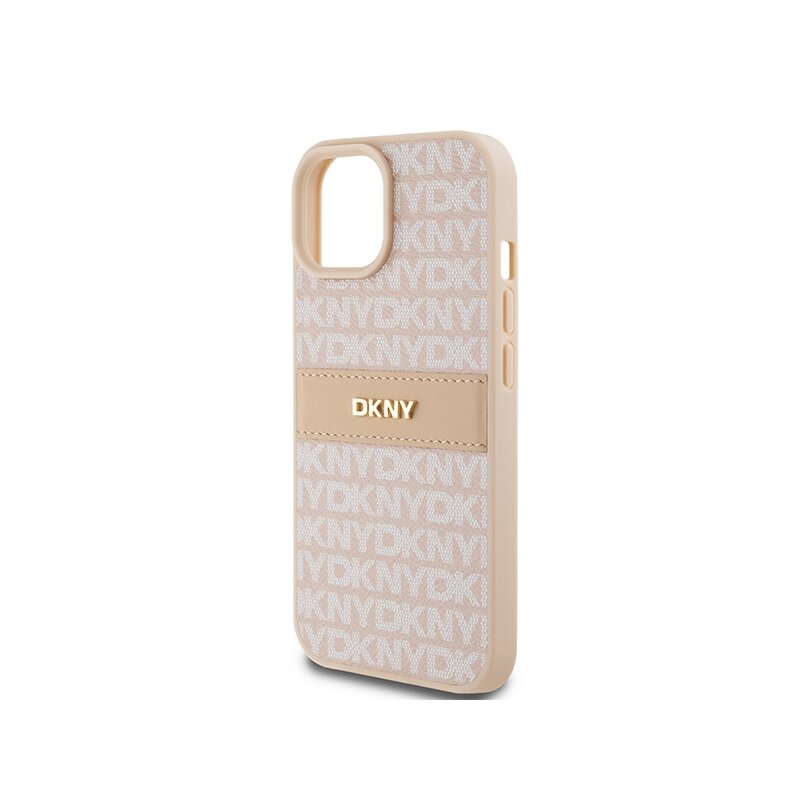 Husa piele iPhone 15 Plus DKNY Leather Mono Stripe & Metal Logo, roz, DKHCP15MPRTHSLP