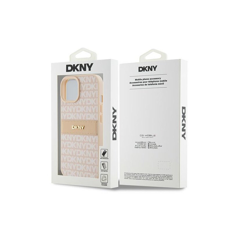 Husa piele iPhone 15 Plus DKNY Leather Mono Stripe & Metal Logo, roz, DKHCP15MPRTHSLP