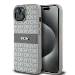 Husa piele iPhone 15 Plus DKNY Leather Mono Stripe & Metal Logo, bej, DKHCP15MPRTHSLE