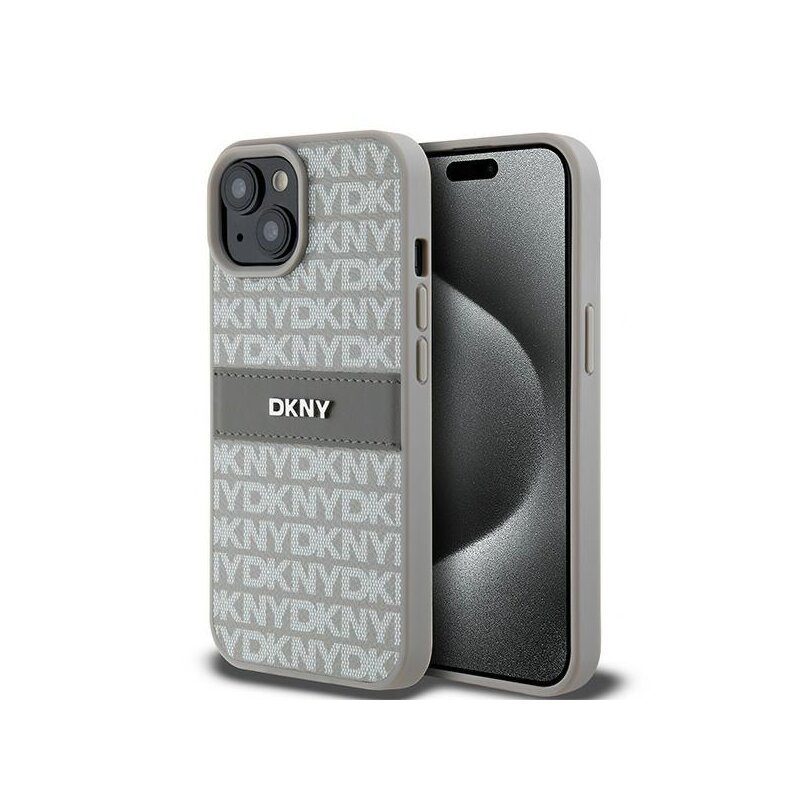 Husa piele iPhone 15 Plus DKNY Leather Mono Stripe & Metal Logo, bej, DKHCP15MPRTHSLE