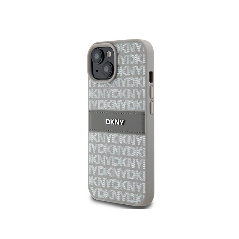 Husa piele iPhone 15 Plus DKNY Leather Mono Stripe & Metal Logo, bej, DKHCP15MPRTHSLE