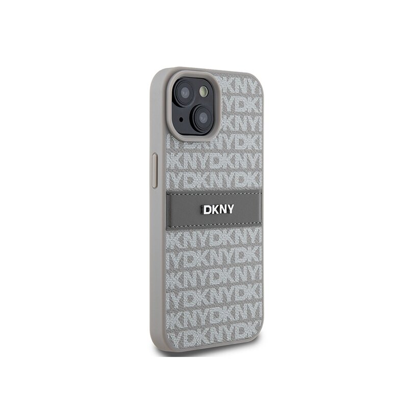 Husa piele iPhone 15 Plus DKNY Leather Mono Stripe & Metal Logo, bej, DKHCP15MPRTHSLE