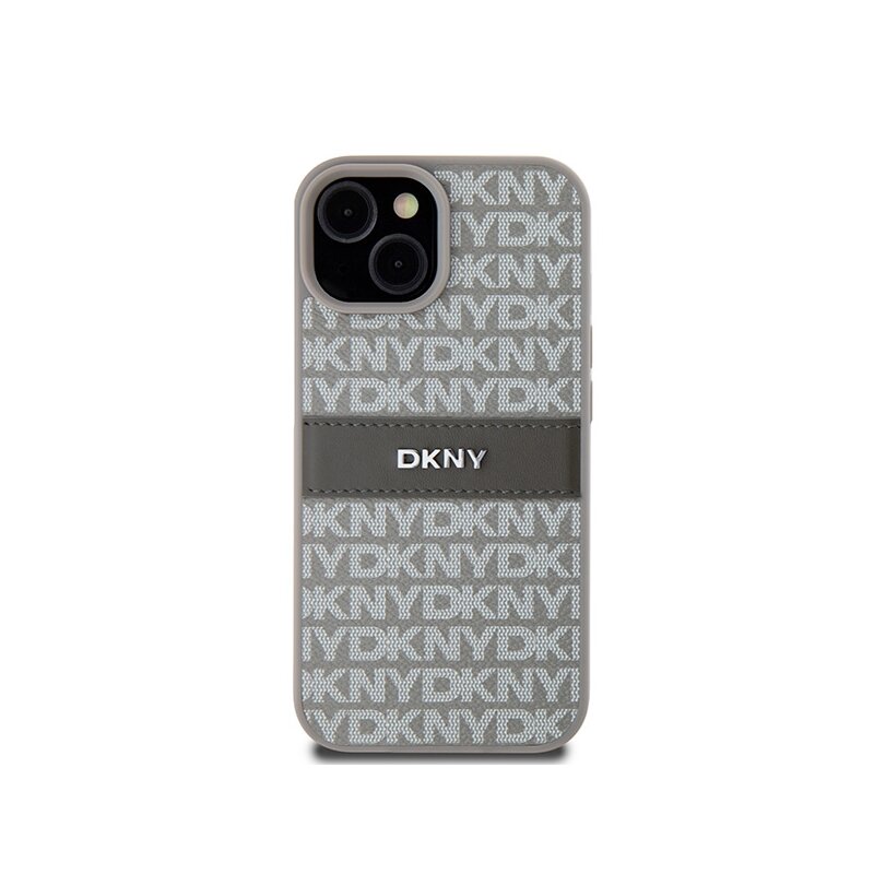 Husa piele iPhone 15 Plus DKNY Leather Mono Stripe & Metal Logo, bej, DKHCP15MPRTHSLE