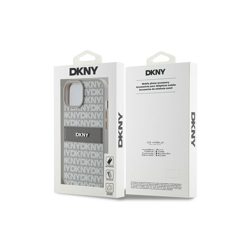 Husa piele iPhone 15 Plus DKNY Leather Mono Stripe & Metal Logo, bej, DKHCP15MPRTHSLE