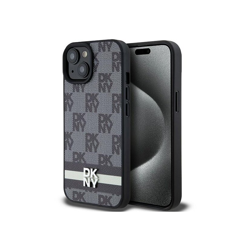 Husa piele iPhone 15 Plus DKNY Leather Checkered Mono Pattern & Printed Stripes, negru, DKHCP15MPCPTSSK