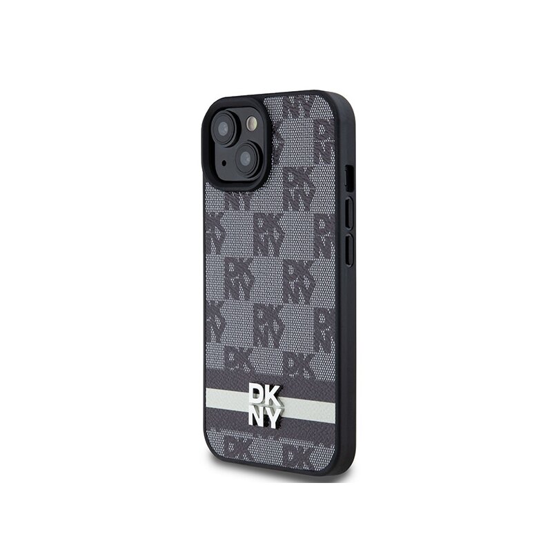 Husa piele iPhone 15 Plus DKNY Leather Checkered Mono Pattern & Printed Stripes, negru, DKHCP15MPCPTSSK