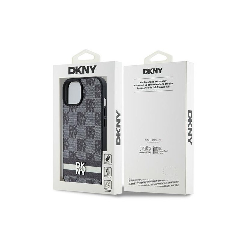 Husa piele iPhone 15 Plus DKNY Leather Checkered Mono Pattern & Printed Stripes, negru, DKHCP15MPCPTSSK