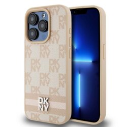 Husa piele iPhone 15 Pro Max DKNY Leather Checkered Mono Pattern & Printed Stripes, roz, DKHCP15XPCPTSSP