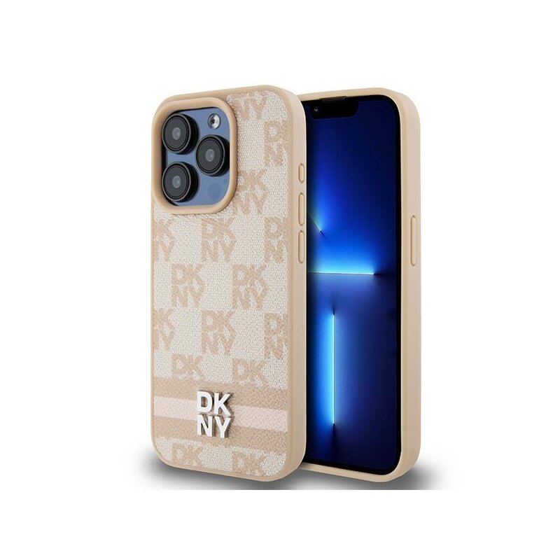 Husa piele iPhone 15 Pro Max DKNY Leather Checkered Mono Pattern & Printed Stripes, roz, DKHCP15XPCPTSSP