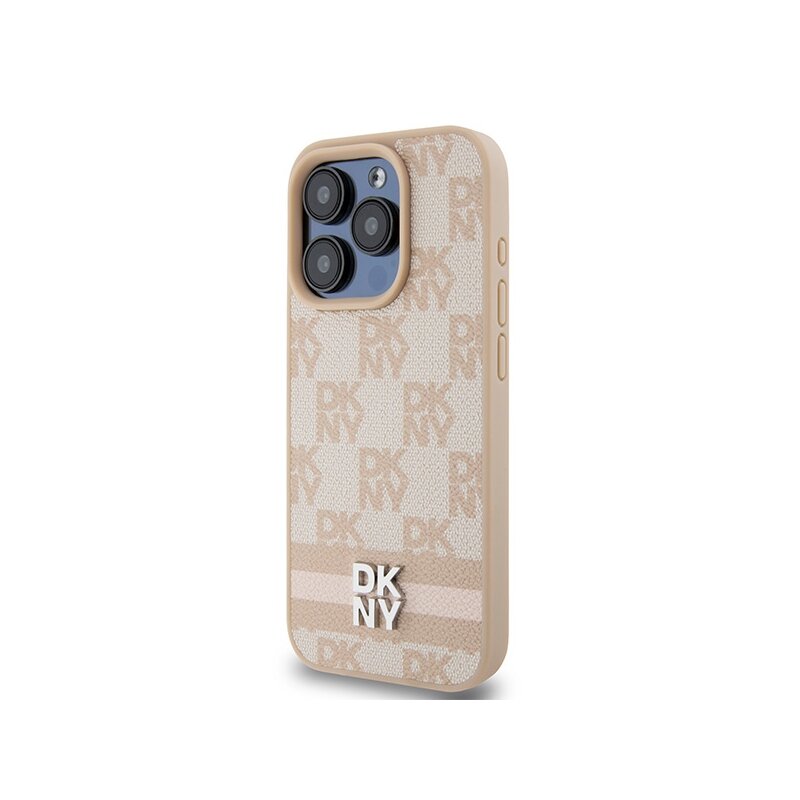 Husa piele iPhone 15 Pro Max DKNY Leather Checkered Mono Pattern & Printed Stripes, roz, DKHCP15XPCPTSSP