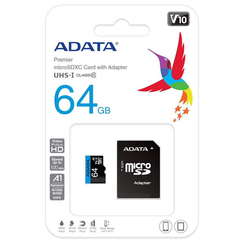 Card memorie 64GB Micro SDXC Adata, Clasa 10, AUSDX64GUICL10A1-RA1
