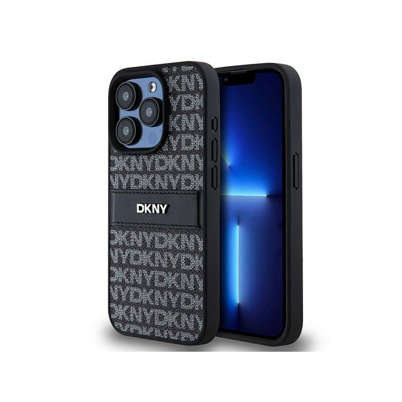 Husa piele iPhone 15 Pro Max DKNY Leather Mono Stripe & Metal Logo, negru, DKHCP15XPRTHSLK