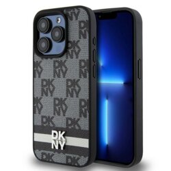 Husa piele iPhone 15 Pro Max DKNY Leather Checkered Mono Pattern & Printed Stripes, negru, DKHCP15XPCPTSSK