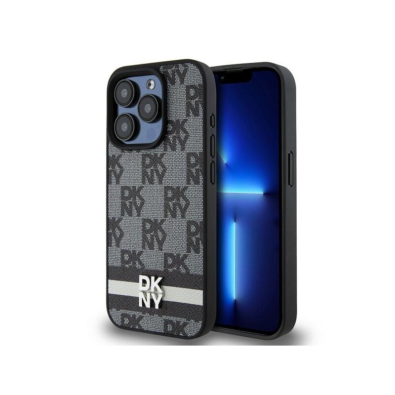 Husa piele iPhone 15 Pro Max DKNY Leather Checkered Mono Pattern & Printed Stripes, negru, DKHCP15XPCPTSSK