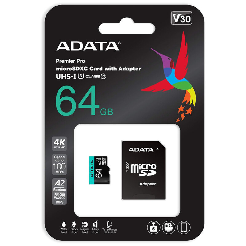 Card memorie 64GB Micro SDHC Adata 100MB/s, AUSDX64GUI3V30SA2-RA1