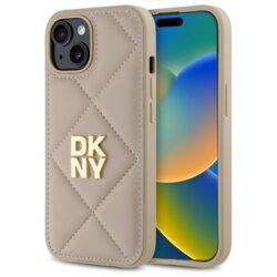 Husa piele iPhone 15 DKNY Leather Quilted Stack Logo, bej, DKHCP15SPQDSLE