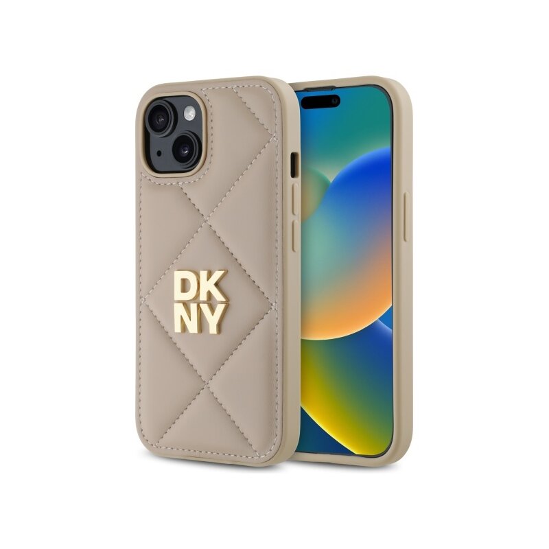 Husa piele iPhone 15 DKNY Leather Quilted Stack Logo, bej, DKHCP15SPQDSLE