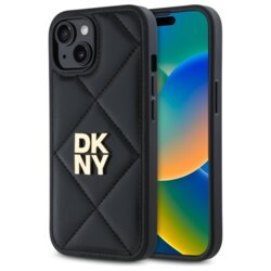 Husa piele iPhone 15 DKNY Leather Quilted Stack Logo, negru, DKHCP15SPQDSLK